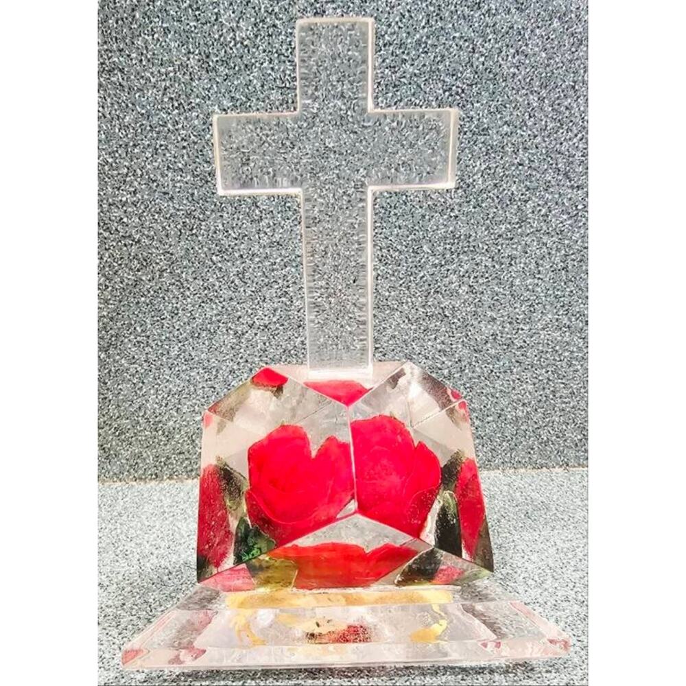 Vtg Bircraft Hand Carved Lucite Red Rose Cross Figurine Religious Art USA